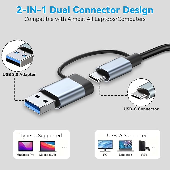 USB C Hub USB Hub Aluminum 7 in 1 USBC Dock with USB3.0 & USB2.0 Ports Extender Multiport Adapter for PC/Laptops/MacBook Pro/Air/iMac/iPad and More Devices