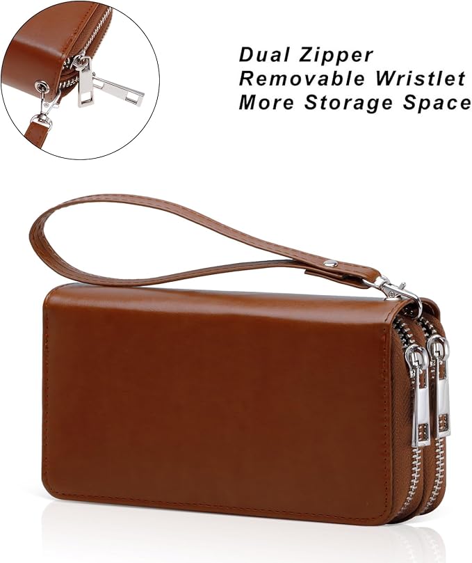 Cellphone Wallet for Women Dual Zipper Long Purse with Removable Wristlet