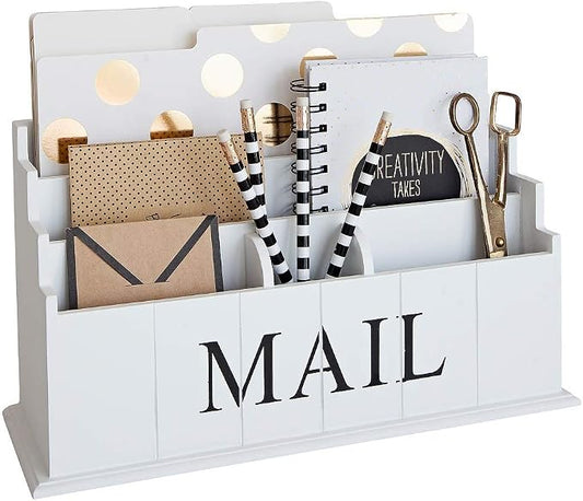 BLU MONACO | White Wooden Mail Organizer for Countertop | Standing File Organizer for Desk with 3 Tier Storage | Mail Sorter Organizer Countertop Rustic Office Kitchen