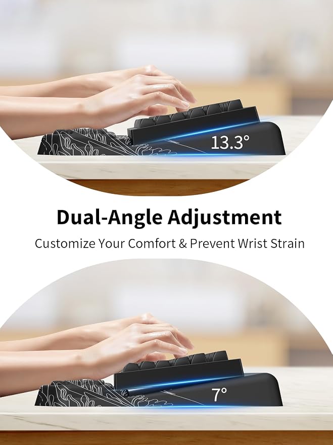 3-in-1 Ergonomic Keyboard Stand with Wrist Rest & Mouse Pad Set, Comfy Keyboard Riser Holder Soft Mousepad with Massage Design, Memory Foam and Non-Slip PU Base for Pain Relief, Black Wave of Kanagawa