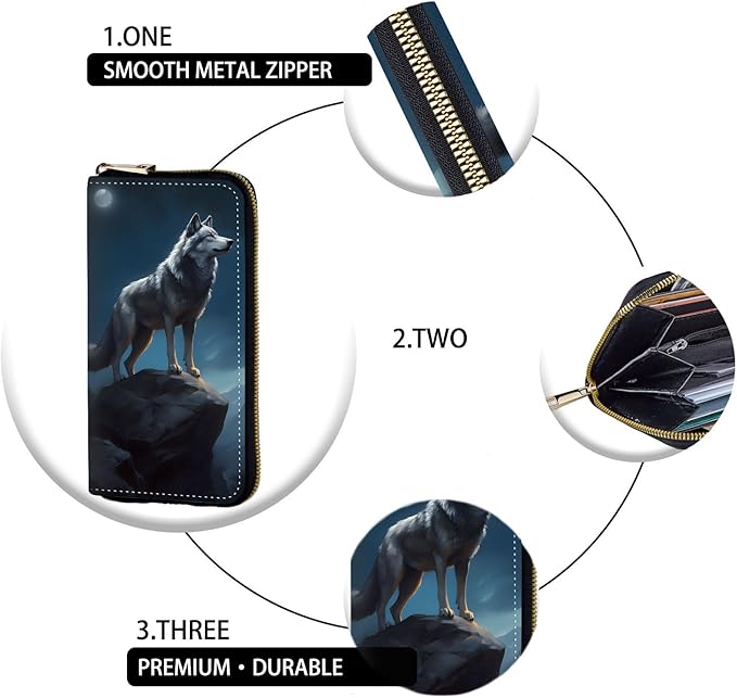 Women's RFID Blocking Zip Around Wallet with Detachable Wrist Strap, Large Capacity Credit Card Holder Organizer for Everyday Use,Wolf Moon Night