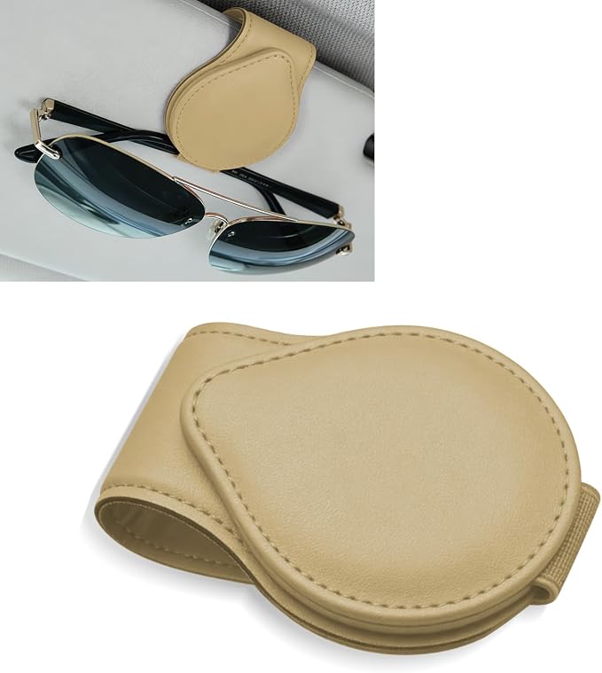 Sunglasses Holders for Car Visor, PU Leather Car Organizer, Magnetic Glasses Holder and Ticket Card Clip, Multi-Functional Auto Sun Visor Eyeglass Holder for Most Vehicles (Beige)