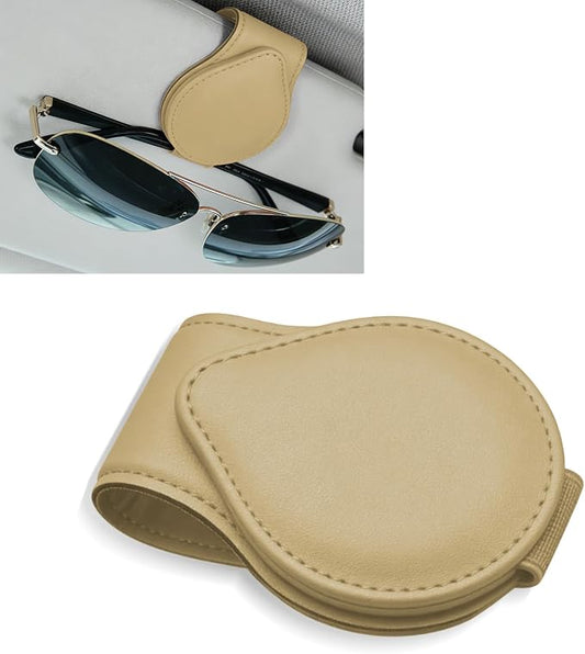 Sunglasses Holders for Car Visor, PU Leather Car Organizer, Magnetic Glasses Holder and Ticket Card Clip, Multi-Functional Auto Sun Visor Eyeglass Holder for Most Vehicles (Beige)