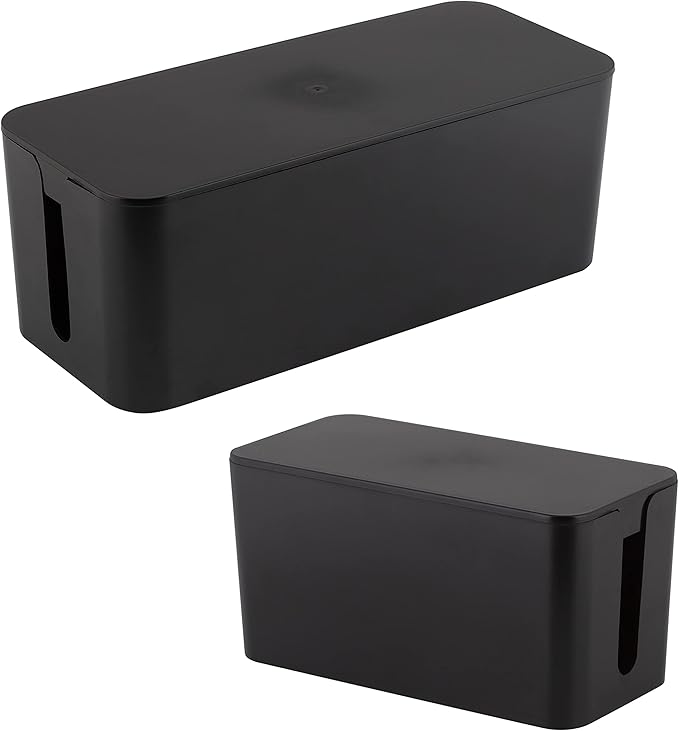 Simplify 2 Pack Cable Organizer Box | Multi-sized | Hidden Storage with Lid | Chargers & Wires | Computer & TV Cords | Black