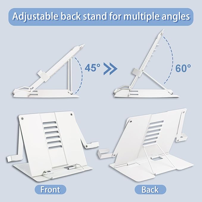Metal Desk Book Stand for Reading with Adjustable Clips, Hands-Free Foldable Book Holder for Kids, Portable Document Stand for Desk, Display Stand for Recipes, Cookbooks, Tablets - White