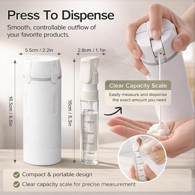 4 in 1 Travel Dispenser, 4 Pack 30ML Travel Bottles for Toiletries, Leak Proof Travel Size Containers, Portable for Shampoo Lotion Conditioner Cream (White)