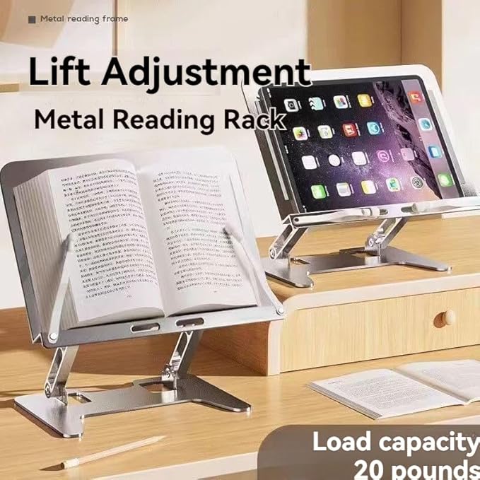 Ergonomic Book Stand Holder - Heavy Duty Aluminum Reading Riser with Page Clamp