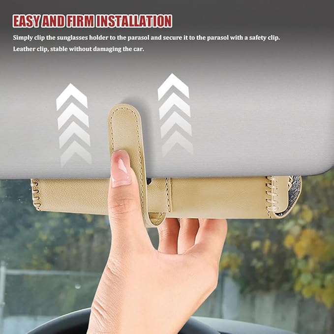 Sunglasses Holder for Car Sun Visor, Leather Auto Eyeglasses Storage Case with Hidden Magnetic Closure, Universal Protective Glasses Organizer Box, Visor Accessories for Woman Man (Beige)