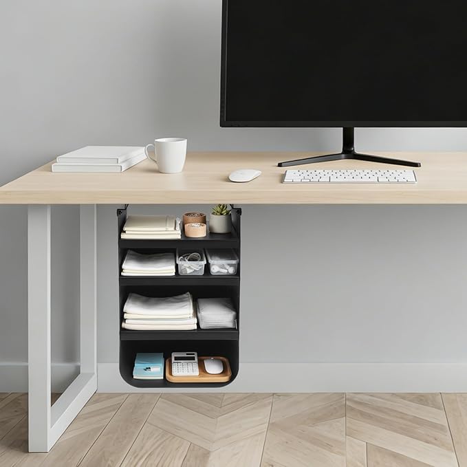 Under Desk Storage, Under Desk Shelf, 4-Tier Adjustable Storage Shelf with Sturdy Metal Frame, Space Saving Open Organizer for Home Office, Study Room, Living Room