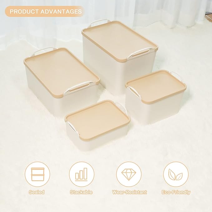 ANMINY 5PCS Plastic Storage Bins Containers with Lids, Large Storage Organization Bins Boxes, Lidded Plastic Storage Baskets for Closet Shelves Desktop, Wheat Lids, 2M + 3S