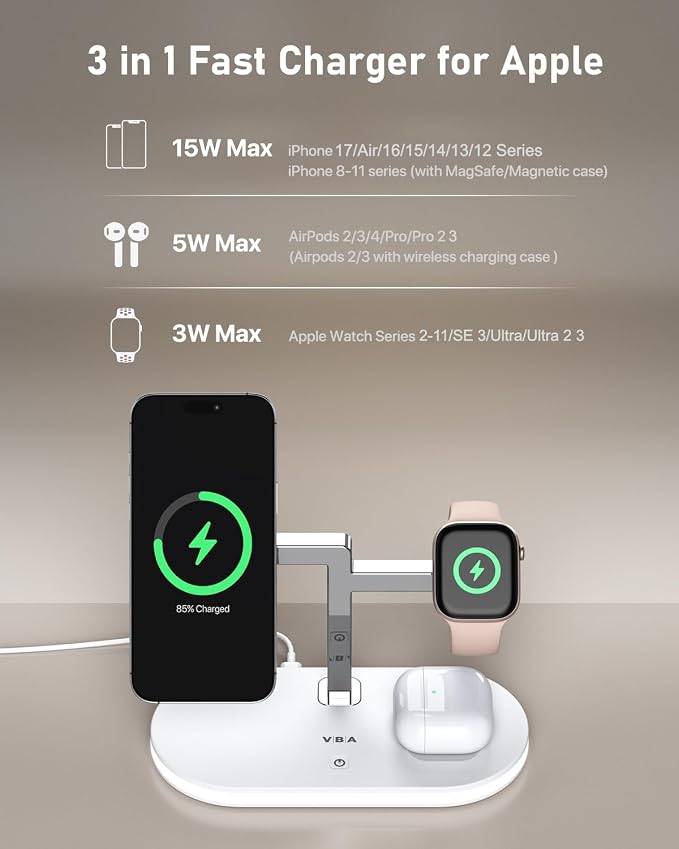 VBA 4 in 1 Wireless Charging Station for Apple MagSafe Charger,Fast Charging Magnetic Wireless Charger Stand with Night Light for iPhone 17 Air 16 15 14 13 12 Series,Apple Watch,AirPods Pro (White)