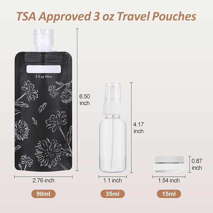 PACKISM 27 Pack Travel Pouches for Toiletries - 3 oz Leak Proof TSA Approved Liquid Containers, Squeeze Bags for Shampoo Lotion, Space Saving Refillable Carriers, Black Beige Chamomile