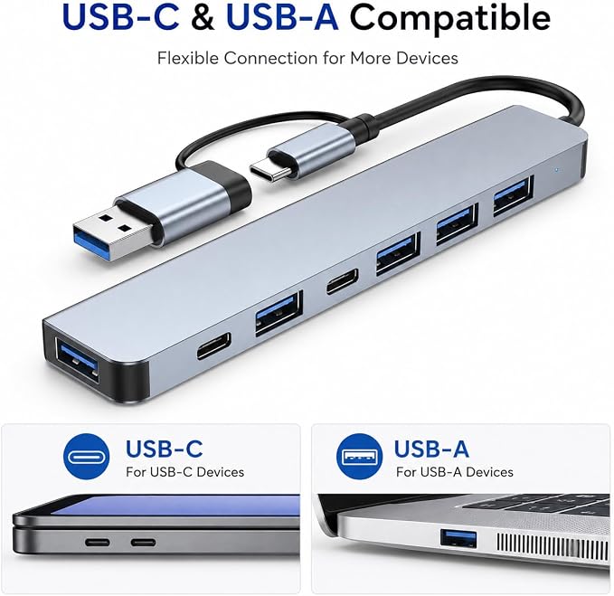 7-Port USB Hub, USB-C & USB-A Multiport Adapter with USB 3.0, USB 2.0, USB-C Data Port and 5W Power Input, Slim Aluminum for Laptop, Desktop, MacBook, iPad, Keyboard, Mouse, Flash Drive