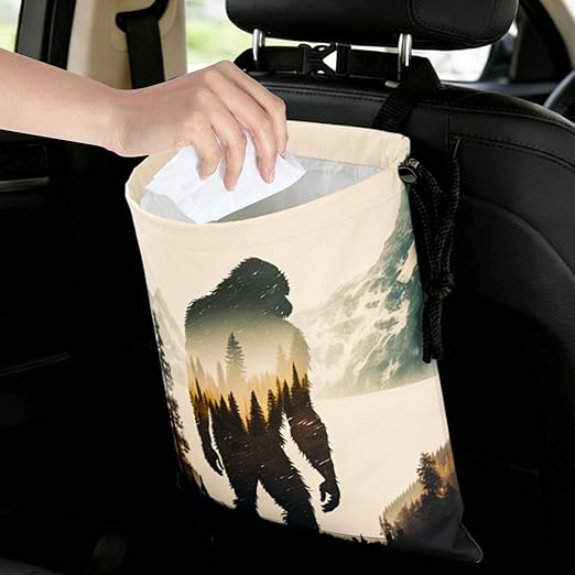 Bigfoot Mountains Forest Car Trash Bag - Waterproof Car Trash Bag Hanging Leakproof Car Garbage Bag - Washable Reusable Trash Bag For Car Interior Hanging Organizer Storage Vehicle Travelling Camping