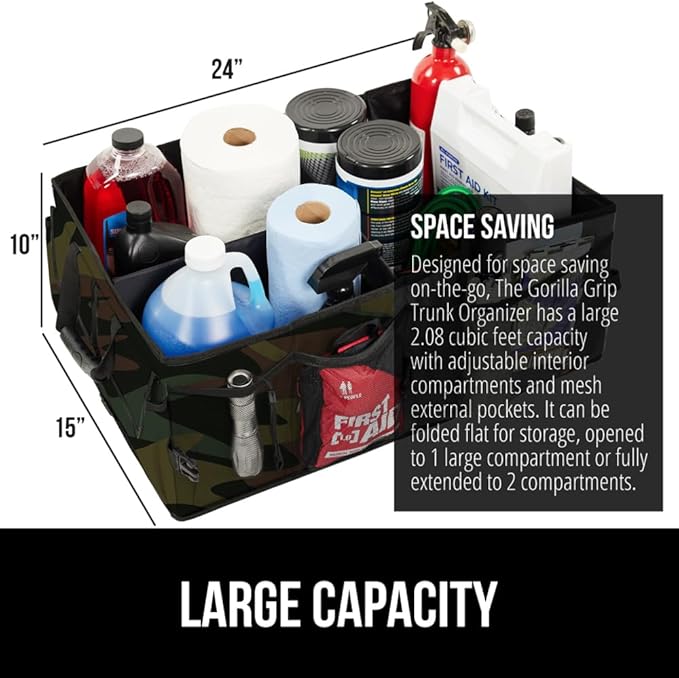 GORILLA GRIP Large Capacity Sturdy Trunk Storage Organizer, Slip and Water Resistant Collapsible Organization Container for Car Sedan or SUV, Multi Compartment Box Vehicle Accessories, Camo