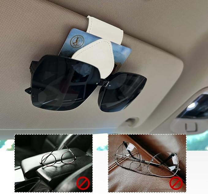 Magnetic Sunglass Holder for Car Visor, Sunglasses Visor Clip, Magnetic Leather Vehicle Glasses Ticket Card Clip, Automotive Eyeglass Hanger Organizer Accessories for Most Vehicles (White)