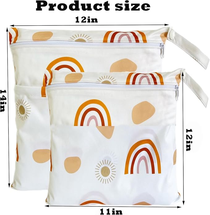 Wet Dry Bag for Cloth Diapers, 2PCS Waterproof Reusable Wet Bag with Zippered Pockets, Washable, Reusable for Travel, Beach, Pool, Stroller, Diapers, Dirty Gym Clothes, Swimsuits, 14x12In & 12x11In