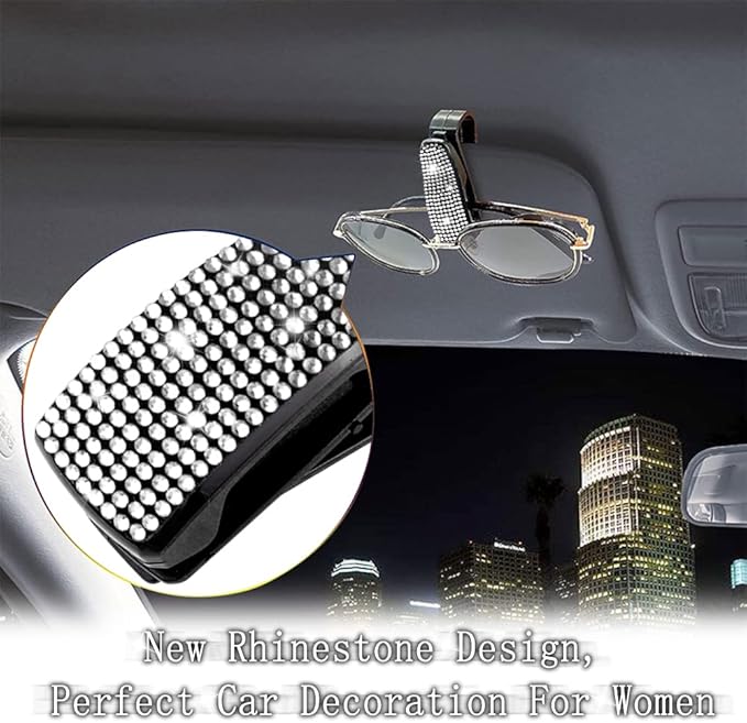 Set of 2 Bling Rhinestone Car Sun Visor Glasses Holders with Anti-Scratch Sponge,Car Decoration for Women Girls,Ticket Card Clip Visor Organizer,Universal Rhinestone Auto Accessories (Silver-2pcs)