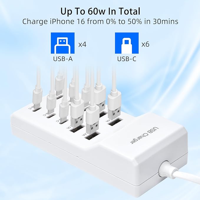 USB Fast Charger, 10-Port Portable Charging Station, Suitable for Various Devices, Compatible with iPhone, iPad, Samsung, Google, Xiaomi, Huawei and Other USB Charging Devices