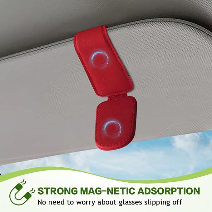 Sunglass Holder for Car, Sunglasses Clip for Car Visor, Magnetic Leather Vehicle Eyeglass Hanger Clip, Auto Ticket Card Glasses Organizer Clamp Accessories for SUV Sedan (Red)