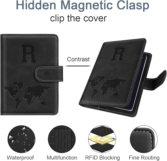 Passport Holder Wallet Cover Personalized Letter A-Z Travel Wallet RFID Blocking Passport Cover Wallet Case for Travel Passport Book Holders for Women and Men, Black-R