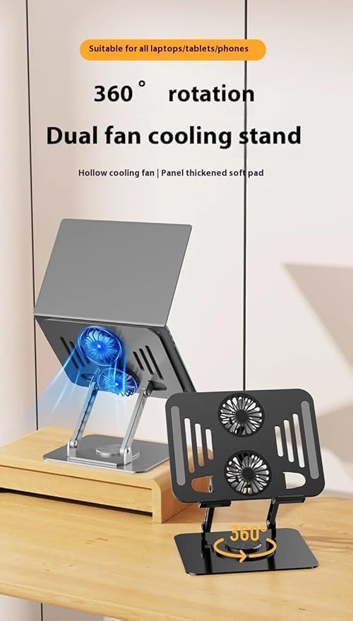 360° Rotatable Carbon Steel Laptop Stand ??Adjustable Height, Tablet Lift, Cooling & Folding Desktop Holder | Soporte Giratorio de Acero para Laptop, Ajustable, Elevador, Plegable y Ventilado