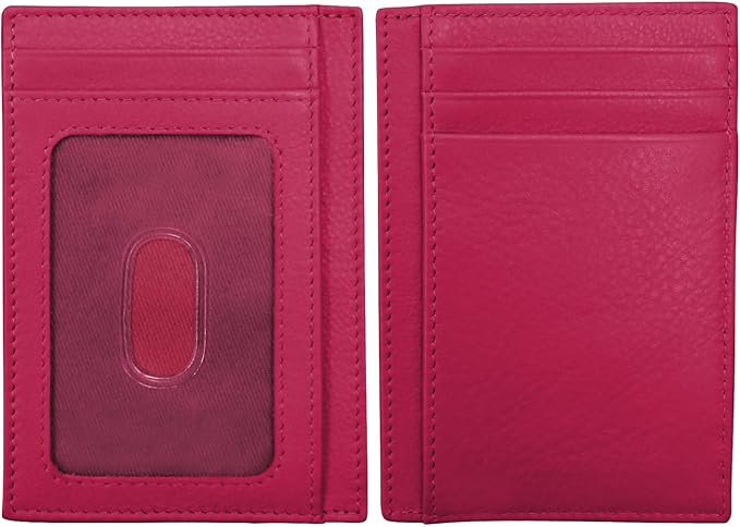 ili New York Genuine Leather Slim RFID Card Holder for Men - 7 Slots, Clear ID Window with Thumb Slide, Compact 4.5" x 3", Minimalist Credit Card Holder for Front or Back Pocket - Indian Pink
