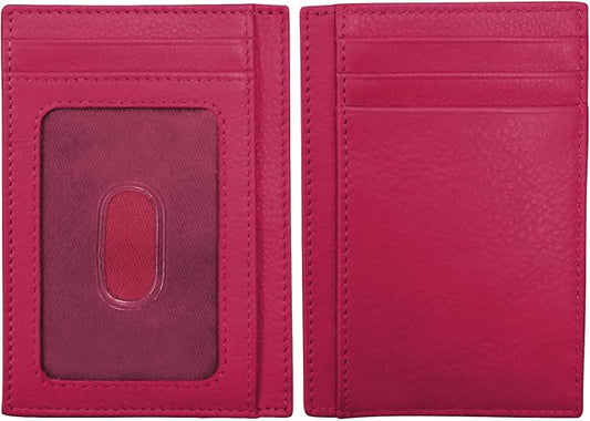 ili New York Genuine Leather Slim RFID Card Holder for Men - 7 Slots, Clear ID Window with Thumb Slide, Compact 4.5" x 3", Minimalist Credit Card Holder for Front or Back Pocket - Indian Pink