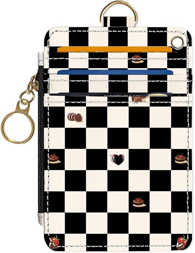 Slim Wallet Credit Card Holder, Checkered Pattern And Cake, RFID Wallet Women Cute Small Front Pocket Wallet With Zipper, PU Leather Thin travel RFID Blocking Card Case ID Window ,Ladies Gifts