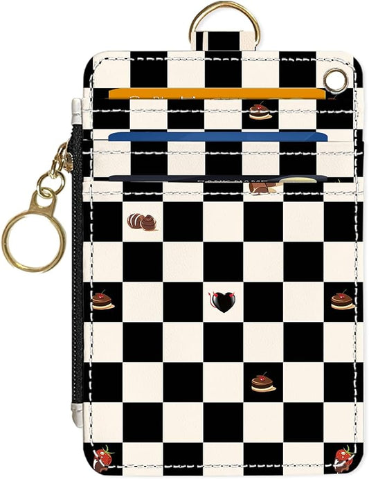 Slim Wallet Credit Card Holder, Checkered Pattern And Cake, RFID Wallet Women Cute Small Front Pocket Wallet With Zipper, PU Leather Thin travel RFID Blocking Card Case ID Window ,Ladies Gifts