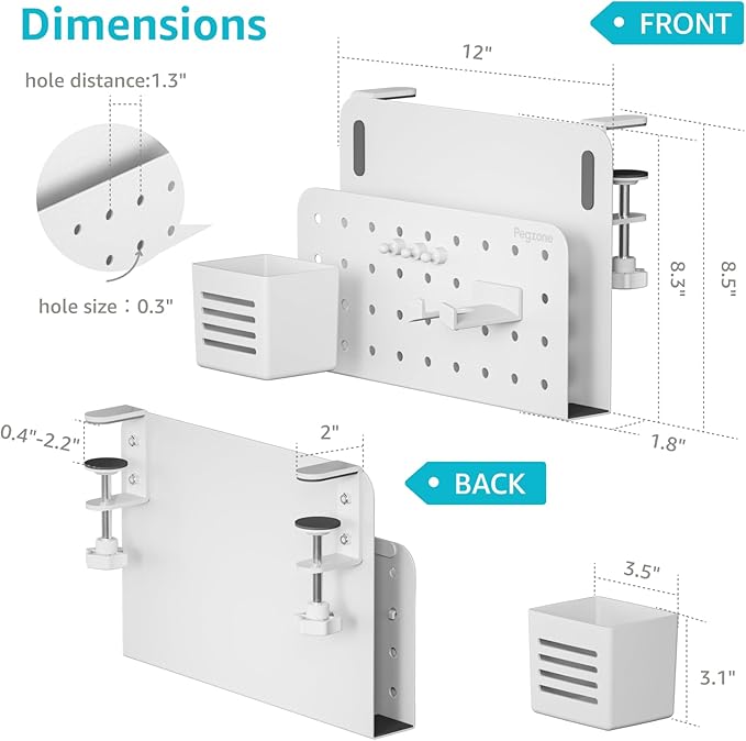 Desk Side Storage Organizer, No Drill Under Desk Laptop Holder, Clamp on Desks Shelf with Pegboard Accessories, Hanging Laptop Mount, Fits Flat Edge 0.4" to 2.2", White