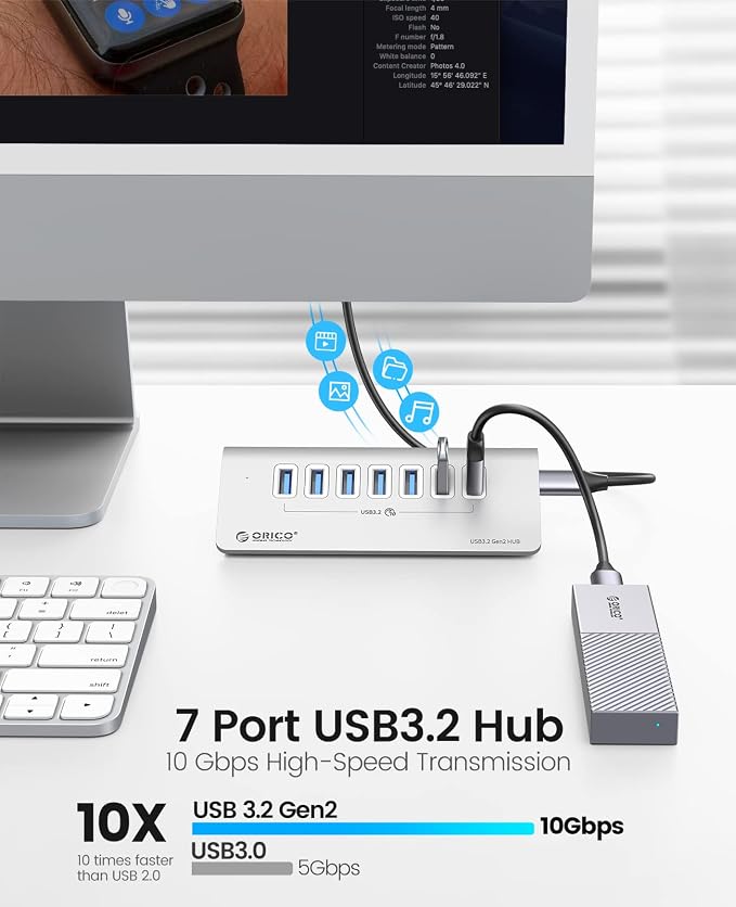 ORICO 7-Port USB 3.2 Gen2 Hub, Desktop USB 3.2 Hub with 7 USB-A Ports, 5V 3A Power Supply Port, 10Gbps Aluminium USB-Splitter with 3.28Ft USB-C to USB-C Cable for iMac, MacBooks, Mac mini