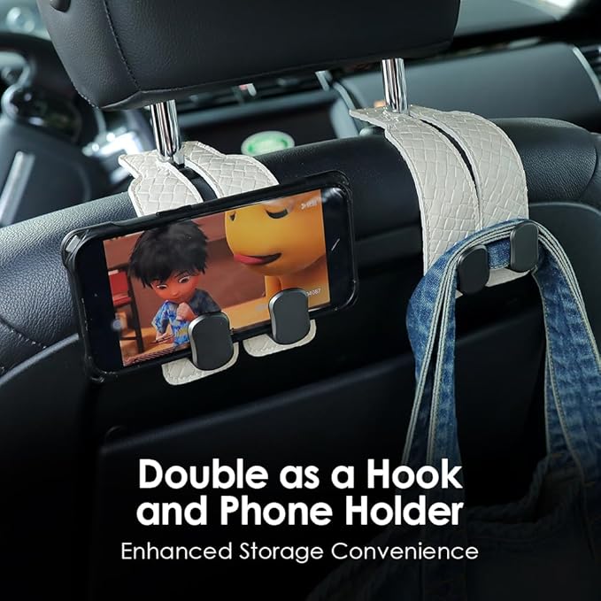 KINIVA Car Seat Headrest Storage Hooks, Set of 2, Suede PU Leather, Double Hooks (07-White)