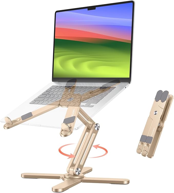 OMOTON 360 Rotating Laptop Stand Riser for Desk, Ergonomic Foldable Computer Stand Adjustable Height Angles for Collaborative Work, Easy Storage Fit Macbooks,All Laptops up to 16 inches, Gold
