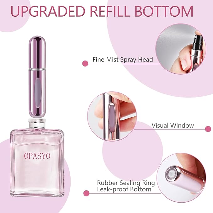opasyo 4 Pcs Mini Refillable Perfume Portable Atomizer Bottle, 5ml Bottom-Fill Perfume Spray Scent Dispenser, Leak-Proof Travel Pump for Cologne, Aftershave & Purse (Gold/Pink/Blue/Black/)
