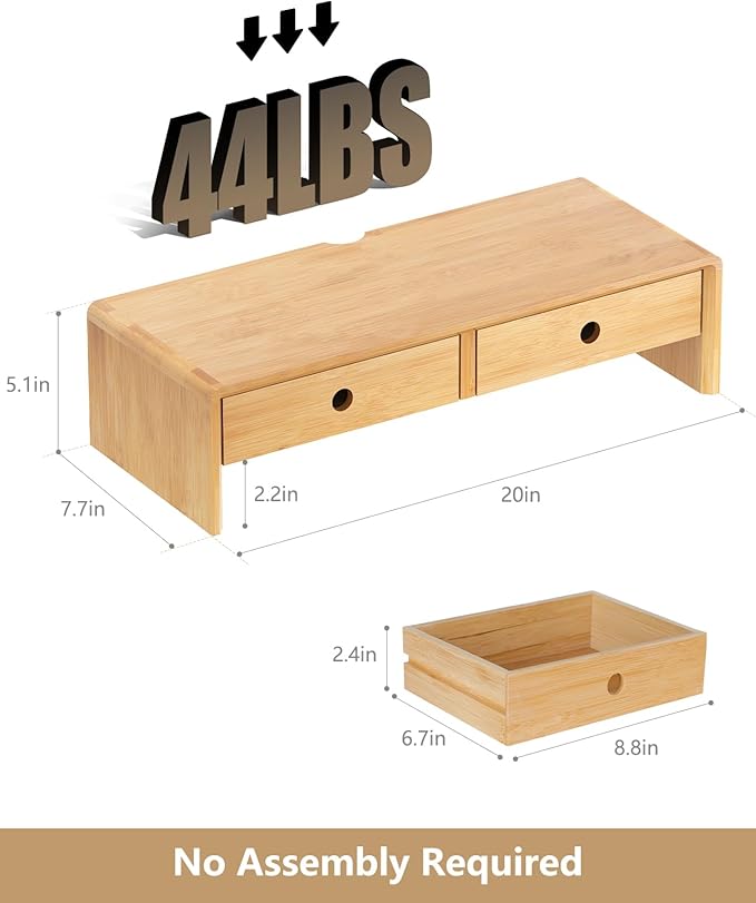 Ufine Bamboo Monitor Stand with 2 Drawers Desktop Organizer Computer Screen Laptop Riser Ergonomic Height for Home Office
