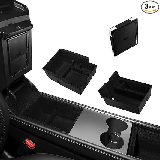 Motrobe 3PCS Tesla Model Y Model 3 Center Console Organizer Tray [Anti-Rattle Flocked] Armrest Hidden Storage Box Model Y 2021-2024 Model 3 2021-2023 Accessories [Not Fit 2024 Model 3 Highland]