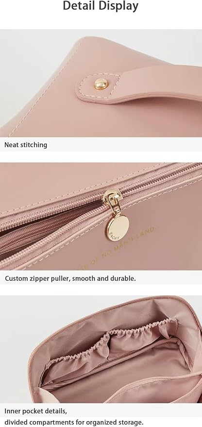 Travel Makeup Bag for Women, Large Capacity PU Leather Toiletry Bag with Multiple Compartments, Waterproof Cosmetic Organizer with Handle, Portable Travel Pouch for Skincare, Rose Pink