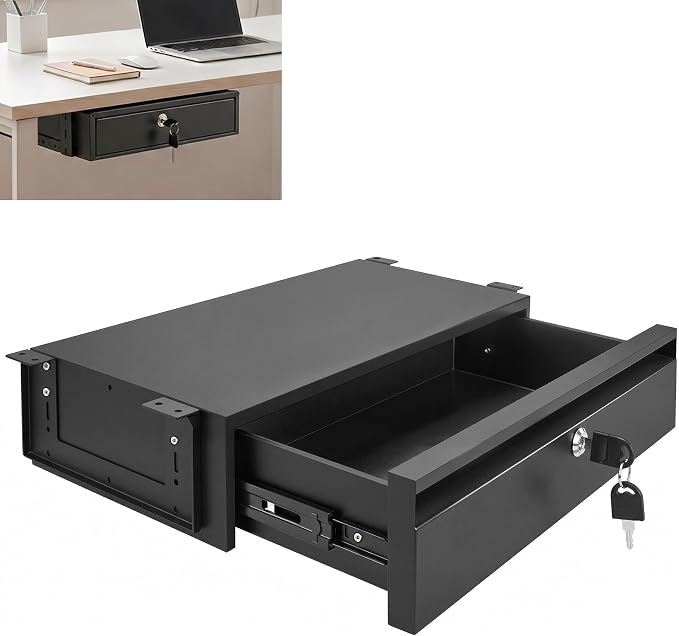 POPMOON 16in Under Desk Drawer with Lock Pull Out Storage Organizer | Carbon steel under desk drawer with lock,smooth slide rails, adjustable mounting height, supports up to 33 lb