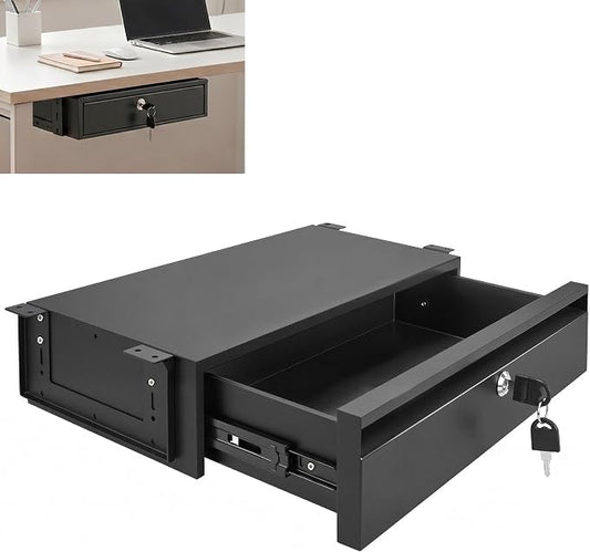 POPMOON 16in Under Desk Drawer with Lock Pull Out Storage Organizer | Carbon steel under desk drawer with lock,smooth slide rails, adjustable mounting height, supports up to 33 lb