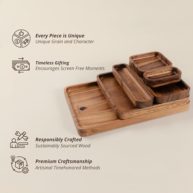 Premium Wooden Stackable Modular Desk Organizer Tray: Set of 6-Pieces Nested Acacia Wood Storage Trays for Office, Kitchen, and Home Organization in Contemporary Style