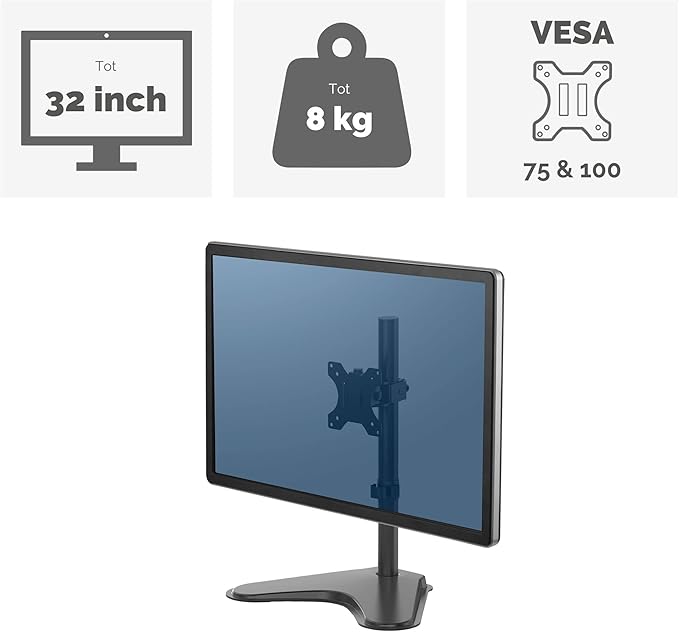 Fellowes 8049601 Professional Series Free-Standing Monitor Mount, Adjustable Computer Monitor Stand for Desk with Single Monitor Arm, 32 Inch Monitor Capacity
