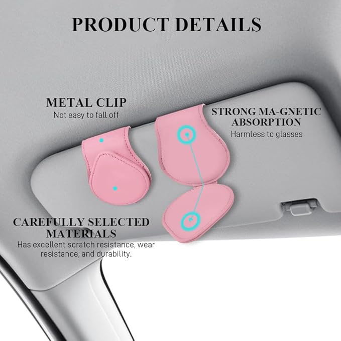 Magnetic Sunglass Holder for Car Visor, Sunglasses Visor Clip, Magnetic Leather Vehicle Glasses Ticket Card Clip, Automotive Eyeglass Hanger Organizer Accessories for Most Vehicles (Pink)