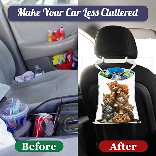 Cute Overlay Cat Car Trash Bag Hanging Garbage Bag with Snap Buttons Car Back Seat Trash Storage Portable Dustbin Vehicle Trash Can Bag for Vehicle Accessories Travel Camping