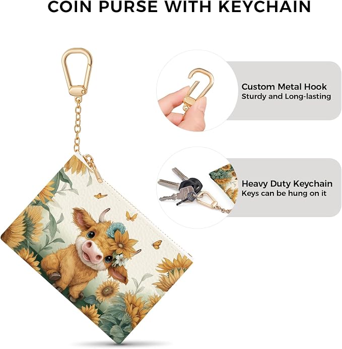 Highland Cow Cattle Keychain Coin Purse for Women, Small PU Leather Change Pouch, Zipper Little Tiny Travel Wallet for Girls, Cute Kawaii Zip Pocket Coin Holder with Key Ring