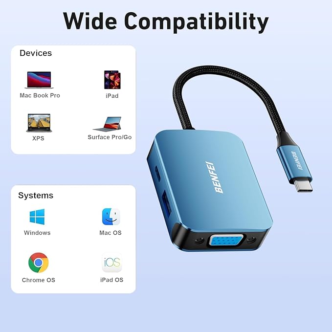 BENFEI USB C HUB 4-in-1, USB Type-C to HDMI VGA Adapter, USB C to USB Adapter, USB Type-C Power Delivery, Compatible with iPhone 15 Pro/Max, MacBook Pro/Air 2023, iPad Pro, iMac, S23, XPS 17