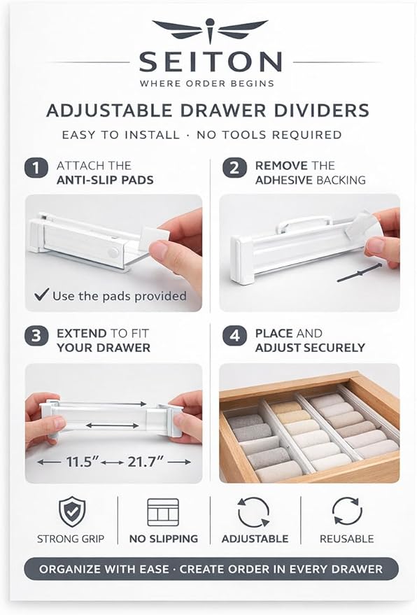 SEITON Adjustable Drawer Dividers (4 Pack) Expandable Drawer Organizer with Anti-Slip Pads 11.5"-21.7"