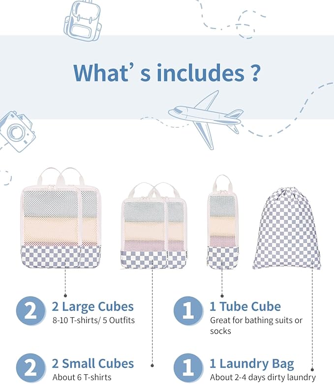 Narwey 6 Set/5 Set Compression Packing Cubes for Travel Kids Women Carry on, Packing Organizers Bag for Backpack Luggage Suitcase Duffle Bags