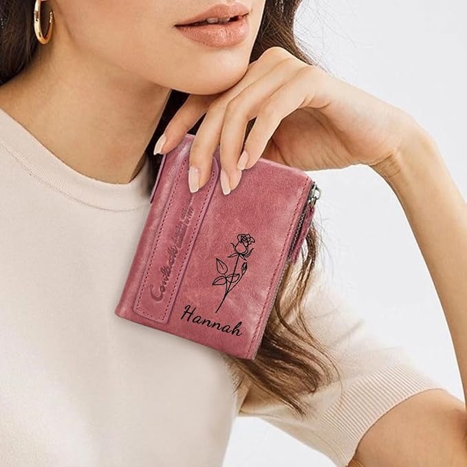 CONTACTS Personalized Wallet for Women Customized Wallet Birth Flower Custom Name Coin Purse Small Double Zipper Card Holder with RFID Blocking