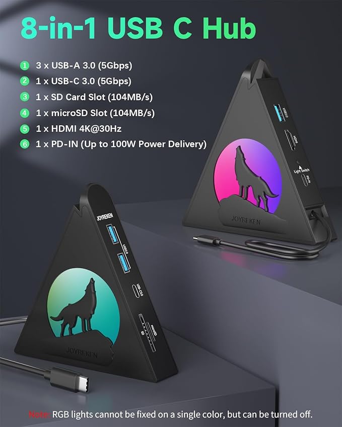 Vertical USB C Hub, 8-in-1 MacBook Adapter with 4K, PD100W Pass-Through Charging, 5Gbps 3xUSB-A, USB-C 3.0, SD/TF Card Reader, RGB Wolf Type-C Hub Tower for MacBook, iPad, iPhone17, etc.